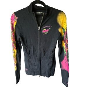 Ed Hardy Graphic Knit Zip Up Sweater Top